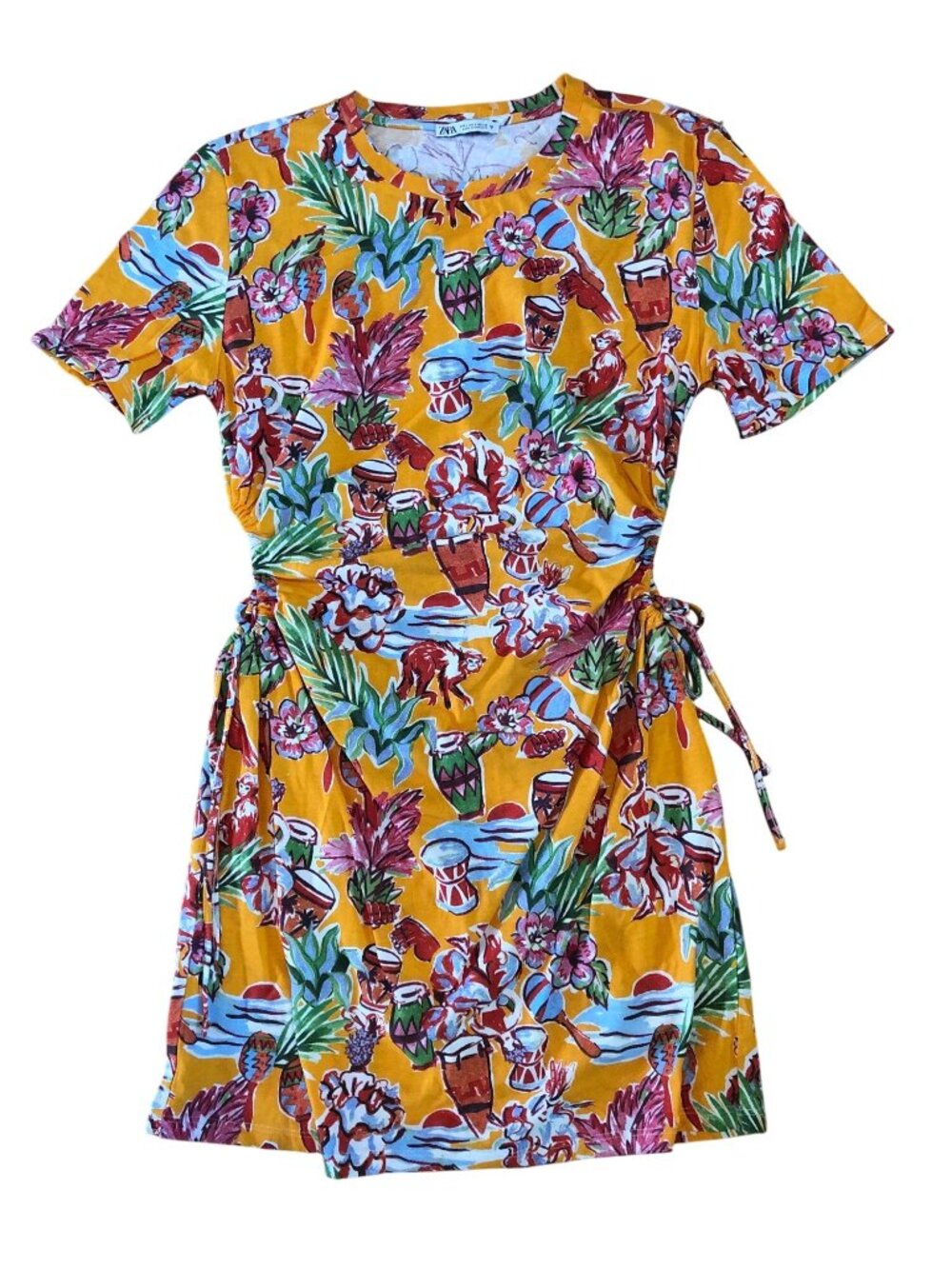 Zara Dress Womens Size Lg Tropical Floral Short Sleeve Wrap Dress 100% Cotton